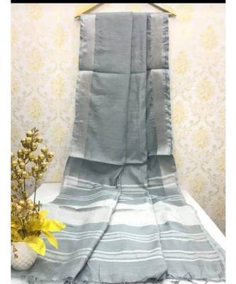 Light Grey Linen Saree With Zari Border And With Blouse 1