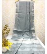 Light Grey Linen Saree With Zari Border And With Blouse