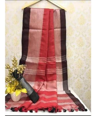 Maroon Linen Saree With Zari Border And With Blouse 1