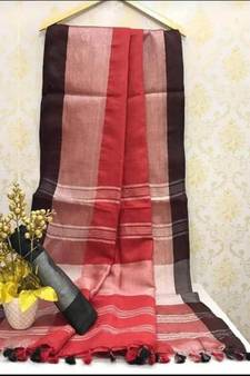 Maroon Linen Saree With Zari Border And With Blouse