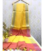 Yellow Linen Saree With Zari Border And With Blouse