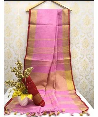 Pink Linen Saree With Zari Border And With Blouse 1