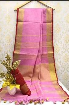 Pink Linen Saree With Zari Border And With Blouse