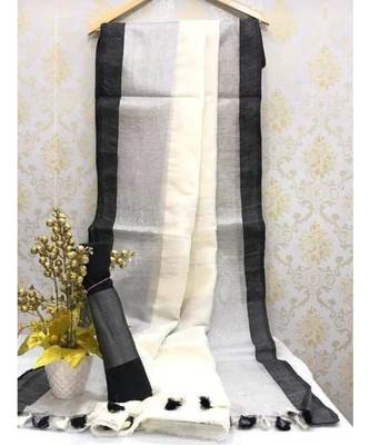 White Linen Saree With Zari Border And With Blouse 1