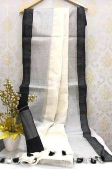 White Linen Saree With Zari Border And With Blouse