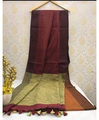 Dark Burgundy Linen Saree With Zari Border And With Blouse 1