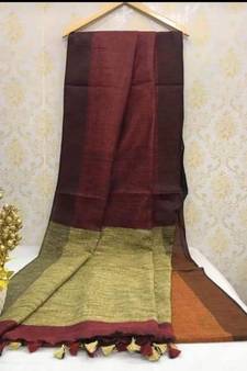 Dark Burgundy Linen Saree With Zari Border And With Blouse