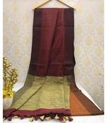 Dark Burgundy Linen Saree With Zari Border And With Blouse