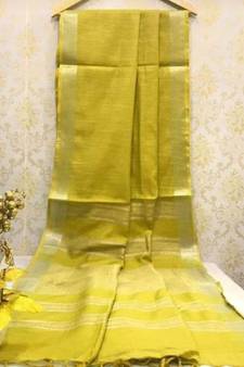 Mustard Yellow Linen Saree With Zari Border And With Blouse