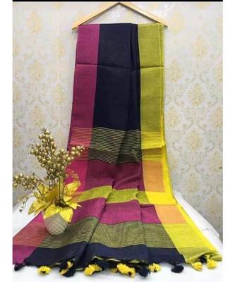 Black Linen Saree With Zari Border And With Blouse 1