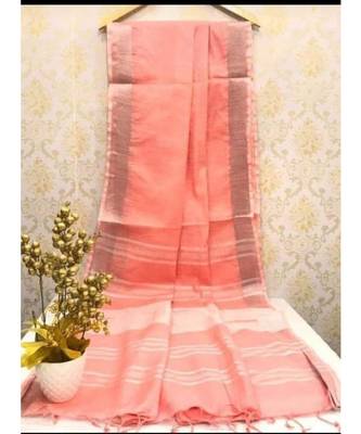 Peach Linen Saree With Zari Border And With Blouse 1