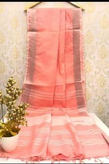 Peach Linen Saree With Zari Border And With Blouse