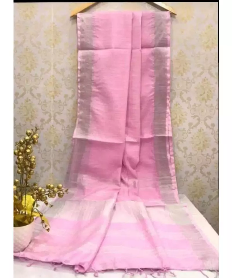 Baby Pink Linen Saree With Zari Border And With Blouse