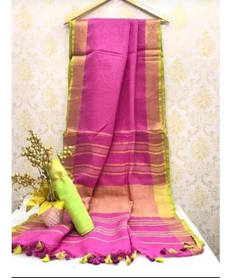 Pink Linen Saree With Zari Border And With Blouse 1