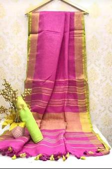Pink Linen Saree With Zari Border And With Blouse