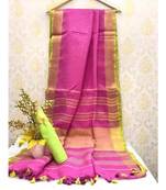 Pink Linen Saree With Zari Border And With Blouse