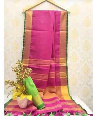Pink Linen Saree With Zari Border And With Blouse 1