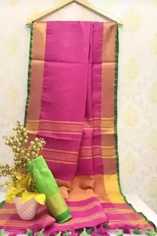 Pink Linen Saree With Zari Border And With Blouse