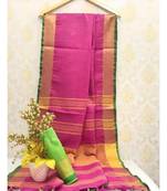 Pink Linen Saree With Zari Border And With Blouse