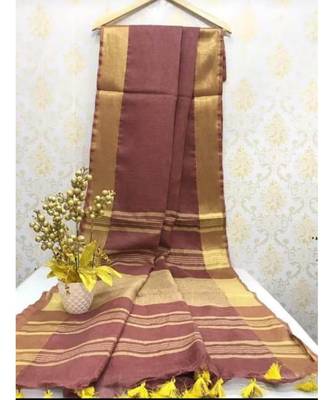 Chocolate Linen Saree With Zari Border And With Blouse 1