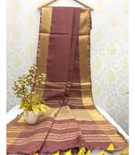 Chocolate Linen Saree With Zari Border And With Blouse