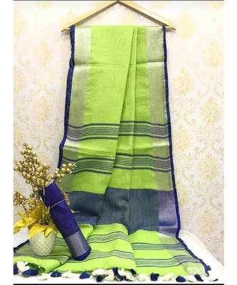 Light Green Linen Saree With Zari Border And With Blouse 1
