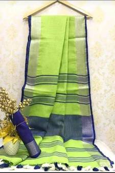Light Green Linen Saree With Zari Border And With Blouse