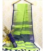 Light Green Linen Saree With Zari Border And With Blouse