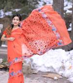 Rust Brown Kashmiri Aari Work Saree Enriched With Floral Paisley Pattern