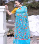 Sea Blue Color Kashmiri Aari Work Embroidered Saree Enriched With Floral Paisley Pattern