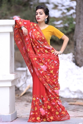 red embroidered saree