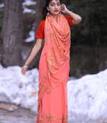 Carrot Pink Color Kashmiri Aari Work Embroidered Saree Enriched With Floral Paisley Pattern