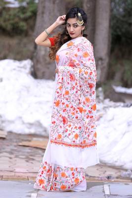 Creamy White Color Kashmiri Aari Work Embroidered Saree Enriched With Floral Paisley Pattern 1