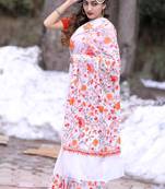 Creamy White Color Kashmiri Aari Work Embroidered Saree Enriched With Floral Paisley Pattern