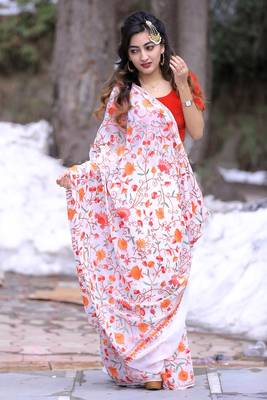 Creamy White Color Kashmiri Aari Work Embroidered Saree Enriched With Floral Paisley Pattern 2
