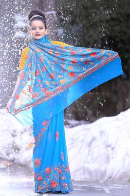 Blue Color Kashmiri Work Embroidered Saree Enriched With Running Jaal Pattern 1
