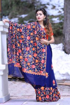 Navy Blue Color Kashmiri Aari Work Embroidered Saree Enriched With Floral Paisley 1