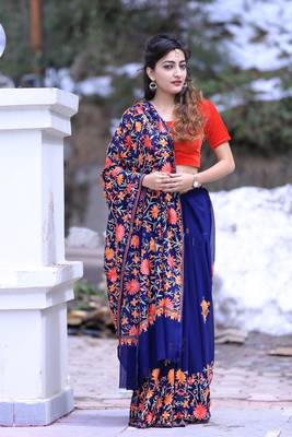 Navy Blue Color Kashmiri Aari Work Embroidered Saree Enriched With Floral Paisley 2