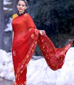 Maroon Colour Kashmiri Aari Work Embroidered Sarees Enriched With Floral Paisley Pattern