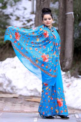 Firozi Blue Colour Georgette Sarees Amazingly Crafted In Kashmiri Art 1