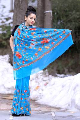 Firozi Blue Colour Georgette Sarees Amazingly Crafted In Kashmiri Art 2