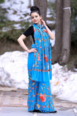 Firozi Blue Colour Georgette Sarees Amazingly Crafted In Kashmiri Art 3