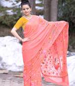 Carrot Pink Color Kashmiri Work Embroidered Saree Enriched With Running Jaal Pattern