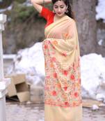 Superior Beige Colour Kashmiri Saree With Multi Colour Embroidery