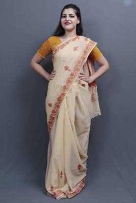 Fawn Colour Kashida Work Saree With Wonderful Designing On Border And Bail Pattern On Pallu. 1