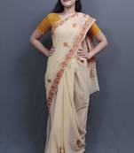 Fawn Colour Kashida Work Saree With Wonderful Designing On Border And Bail Pattern On Pallu.
