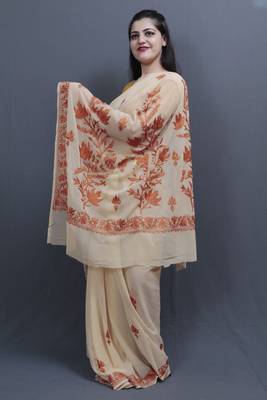 Fawn Colour Kashida Work Saree With Wonderful Designing On Border And Bail Pattern On Pallu. 2