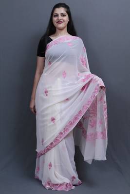 Pure White Colour Kashida Work Saree With Wonderful Designing On Border And Bail Pattern On Pallu. 1