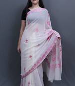 Pure White Colour Kashida Work Saree With Wonderful Designing On Border And Bail Pattern On Pallu.