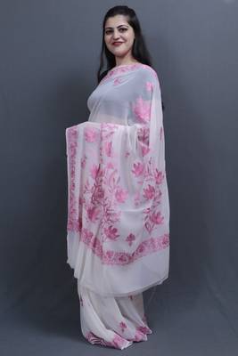 Pure White Colour Kashida Work Saree With Wonderful Designing On Border And Bail Pattern On Pallu. 2